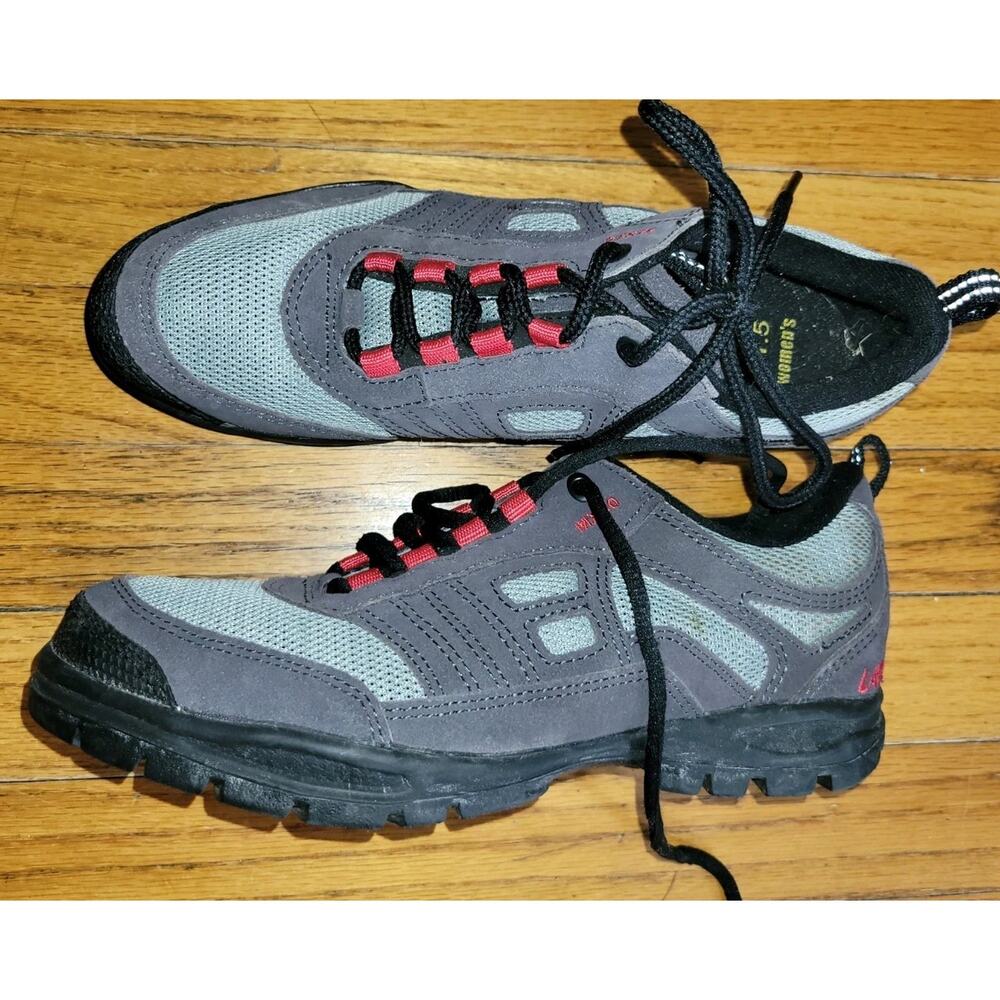 Women’s Grey and Black Trail Sneakers with Red Accents